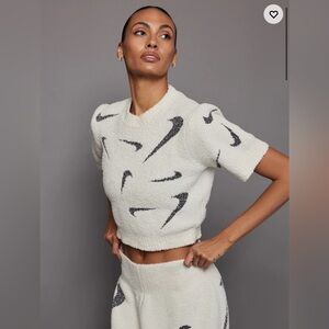 Nike Cream and Black Swoosh Textured Crop Top